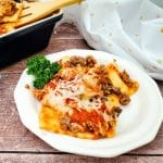 Image of finished lazy ravioli lasagna plated on white dish